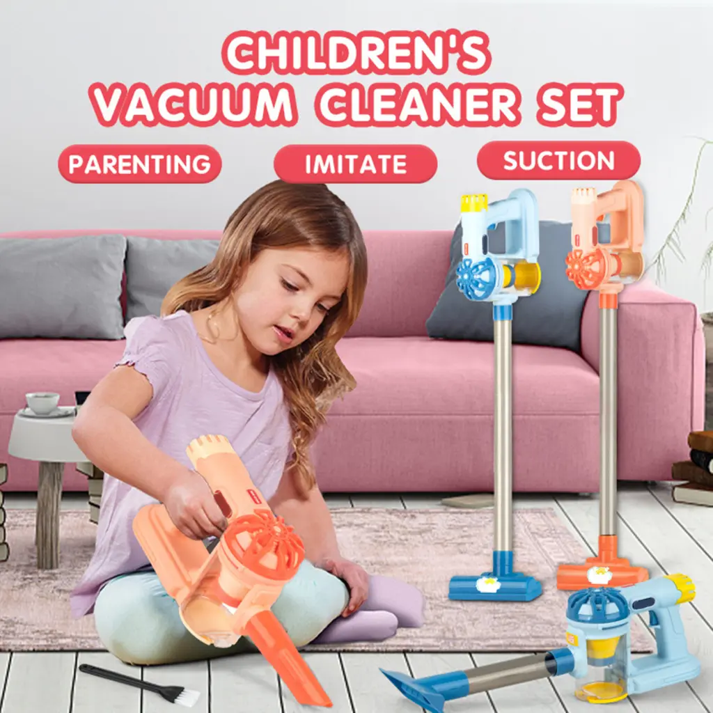 Bokmnh Kids Playset Real Working Vacuum for Kids Realistic Cordless Kids Vacuum Cleaner Toy Set with Suction 3-in-1 Playset for Boys and Girls Pretend Play Toy for Toddlers