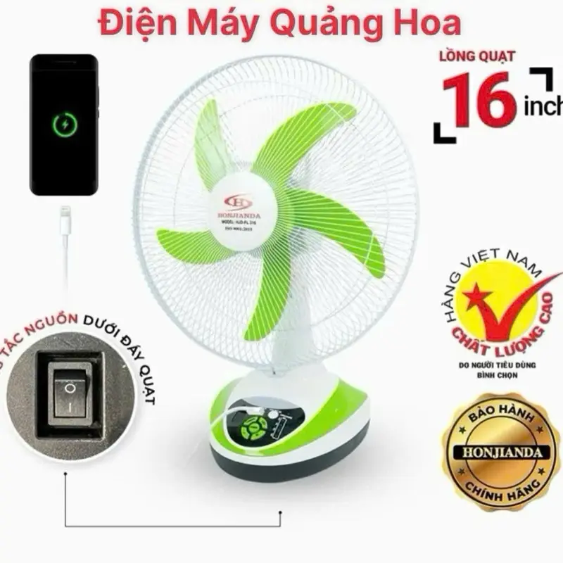 Quạt Sạc Tích Điện Honjianda HJD-FL 316 LED 2 Chế Độ AC/DC 9 Tốc độ gió có đèn , có sạc điện thoại ,tích điện 15-20 tiếng 6