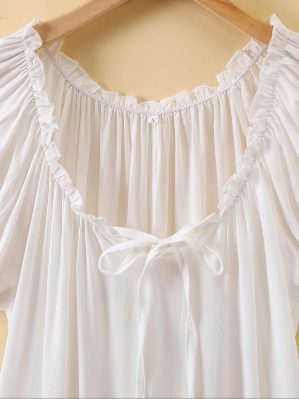 Women's Solid Ruffle Hem Tie Front Nightdress, Puff Sleeve Round Neck Nightgown, Fashion Soft Comfy Sleepwear Pajama for All Seasons 2