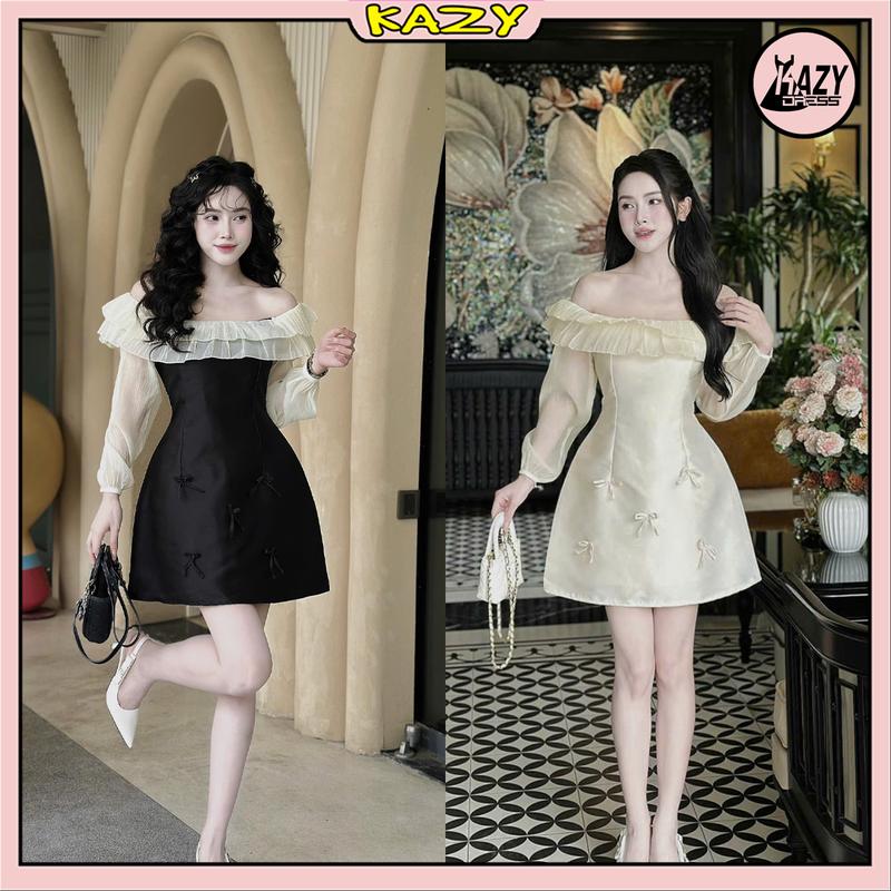 Đầm dự tiệc tafta thiết kế có dài tay trễ vai đính nơ, Váy nữ dáng ngắn trễ vai đính nơ sang chảnh V150 KAZYDRESS