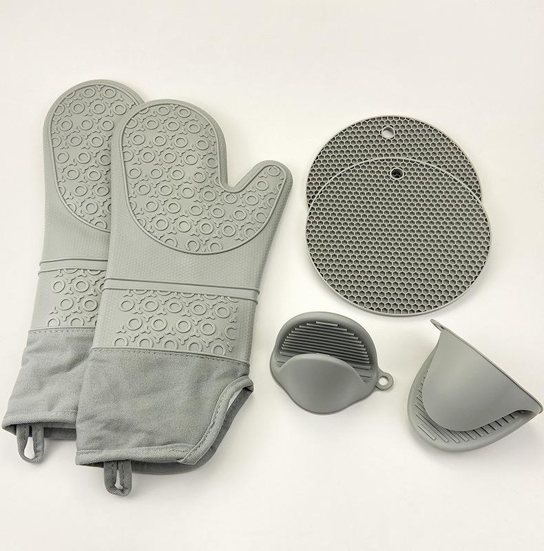 Product Introduction of Silicone Heat Insulation Oven Gloves Microwave Oven High Temperature Resistant Thickened Kitchen Insulation Gloves Honeycomb Mat Handbag 6-Piece Set 28