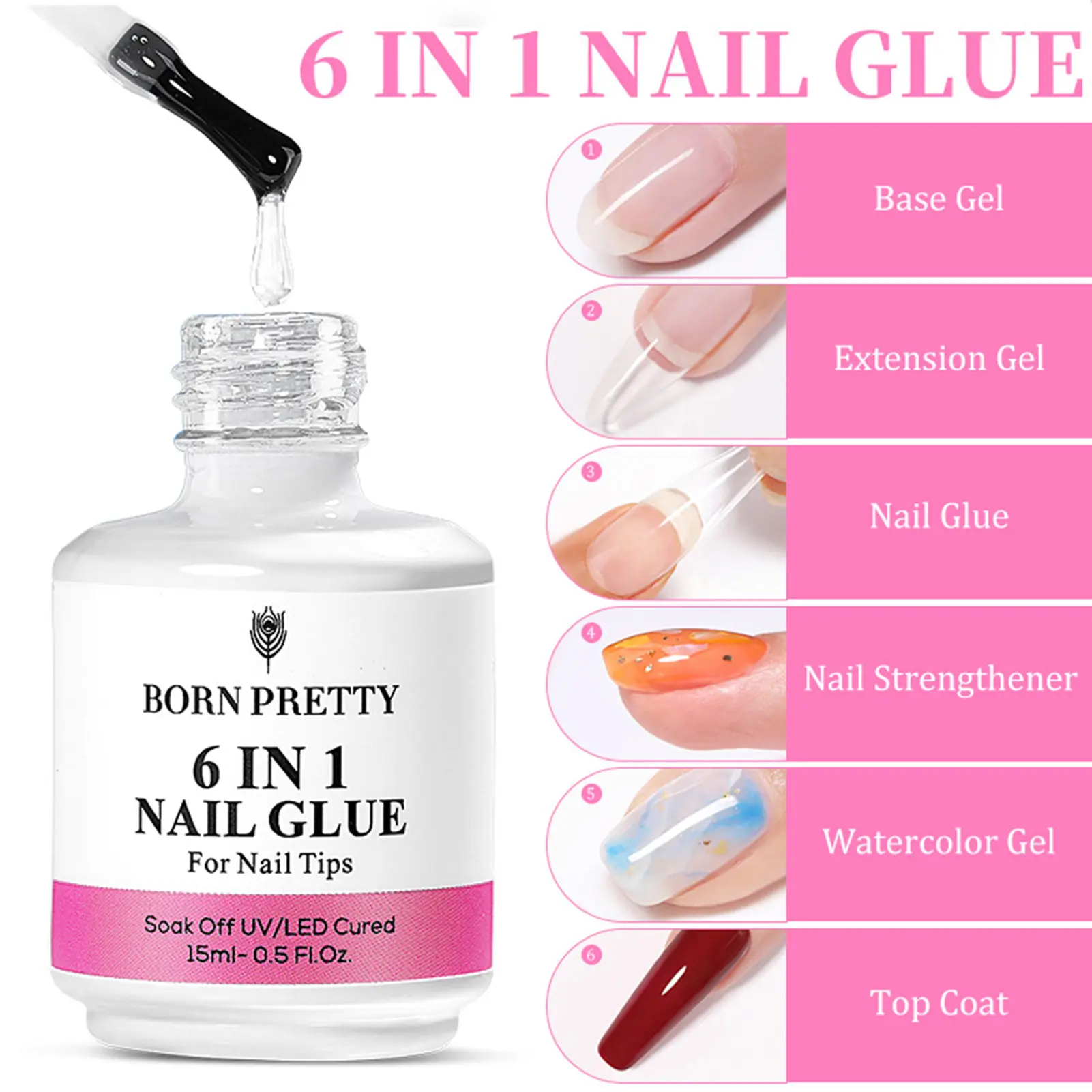 Keo Dán Móng Chức Năng 15Ml, Thành Phần An Toàn, Nhanh Khô, Không Gây Kích Ứng, Bền Bỉ, Ứng Dụng Rộng Rãi, Mở Rộng Móng Tay, Tiện Lợi, 6 Trong 1, Ngâm Tắt, Đèn LED UV, Lớp Nền Gel Trên Cùng Cho Tiệm Làm Móng