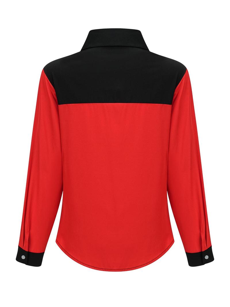 Product Introduction of 【Plus Size】 Women's Colorblock Patchwork Button Front Fake Pocket Design Blouse, Casual Long Sleeve Collared Top for Spring & Fall, Women's Clothes for Daily Wear 6