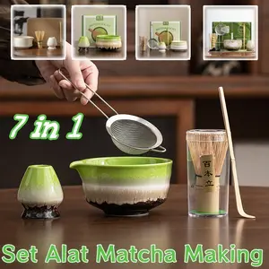 7 in1 Set Alat Matcha Making/ 2/4/5/7Pcs Bambu Pengaduk Bubuk Matcha Bamboo Matcha Whisk Alat Teh / Sendok / Penyangga Whisk Matcha / Mangkuk Keramik