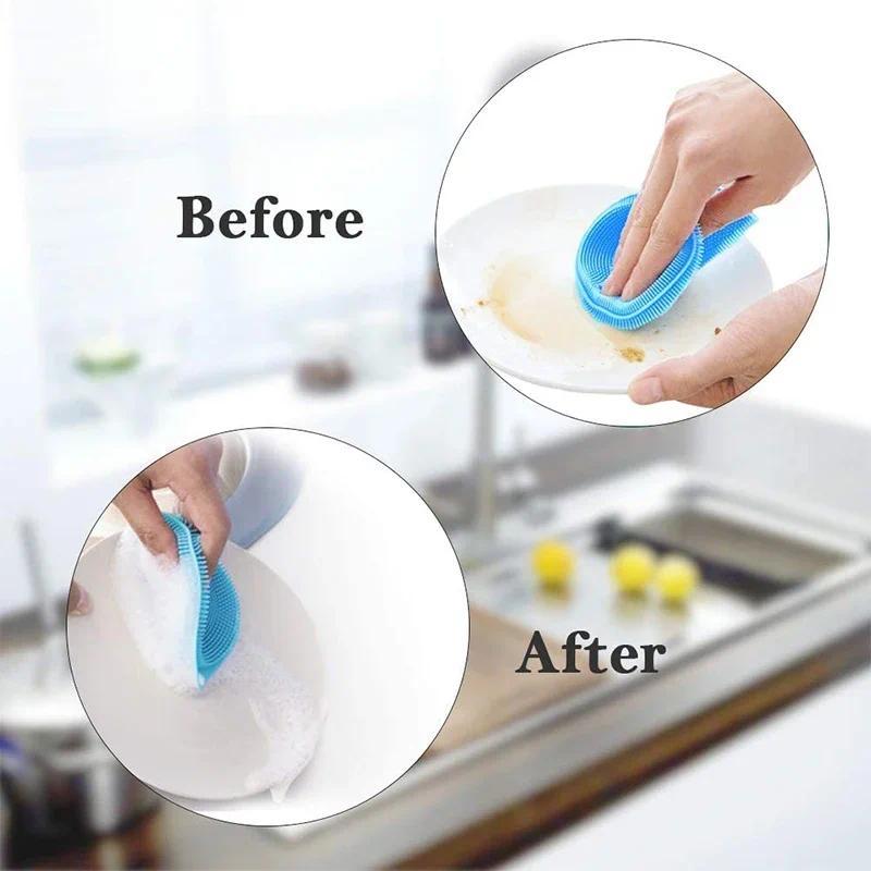Product Introduction of 3Pcs Kitchen Cleaning Brush Silicone Dishwashing Brush Fruit Vegetable Cleaning Brushes Pot Pan Sponge Scouring Pads Table Mat 14