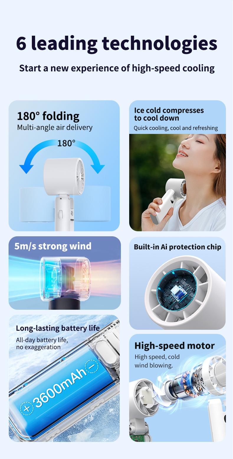 Product Introduction of Handheld small fan High speed powerful semiconductor cold air leafless spray refrigeration Small air conditioner Small mini turbine Portable portable charging Silent electric fan cooling magic weapon fan  portable 1