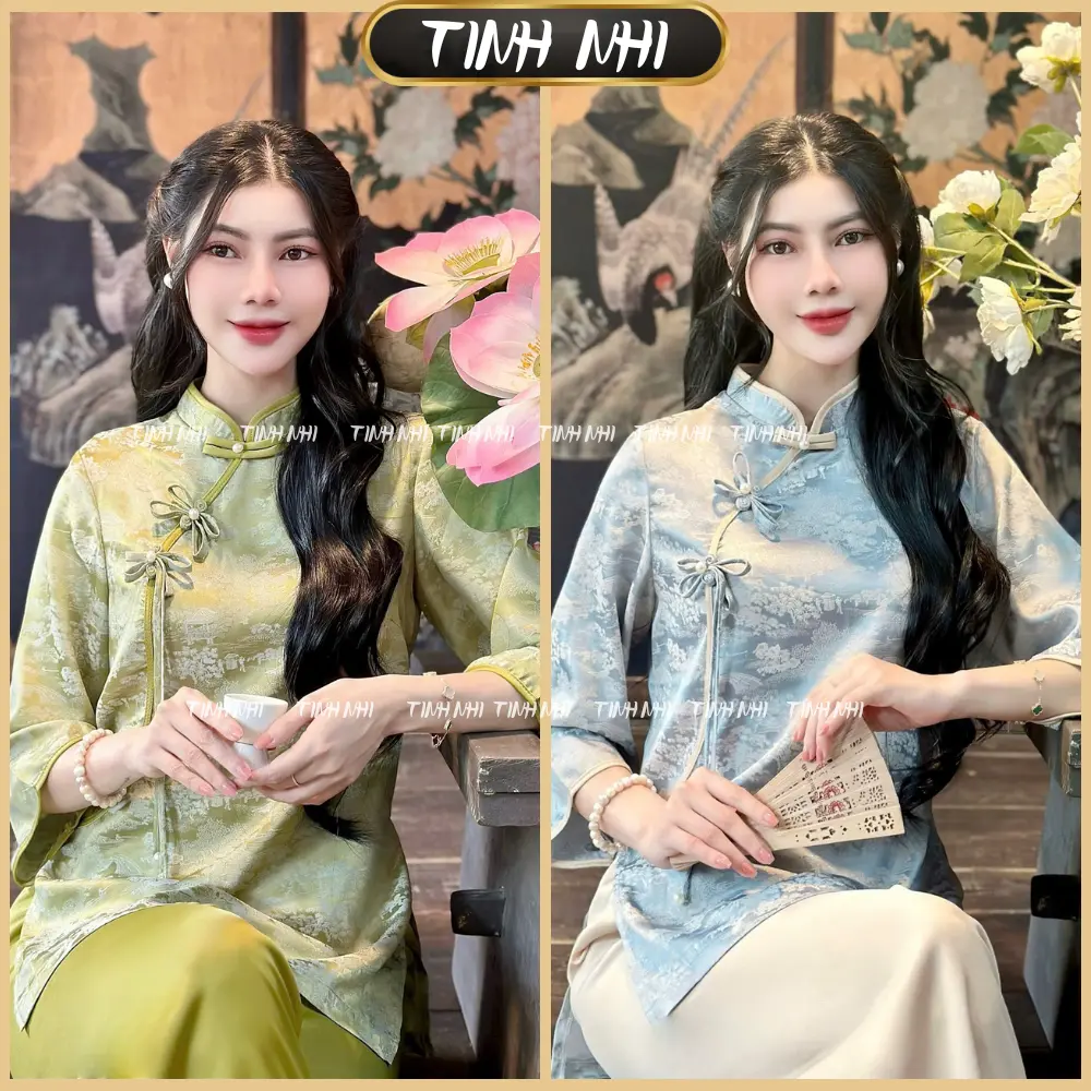 TINH NHI đồ lam cho nữ phong cách cổ trang tiểu thư phối cúc sang trọng PP268 Women Top