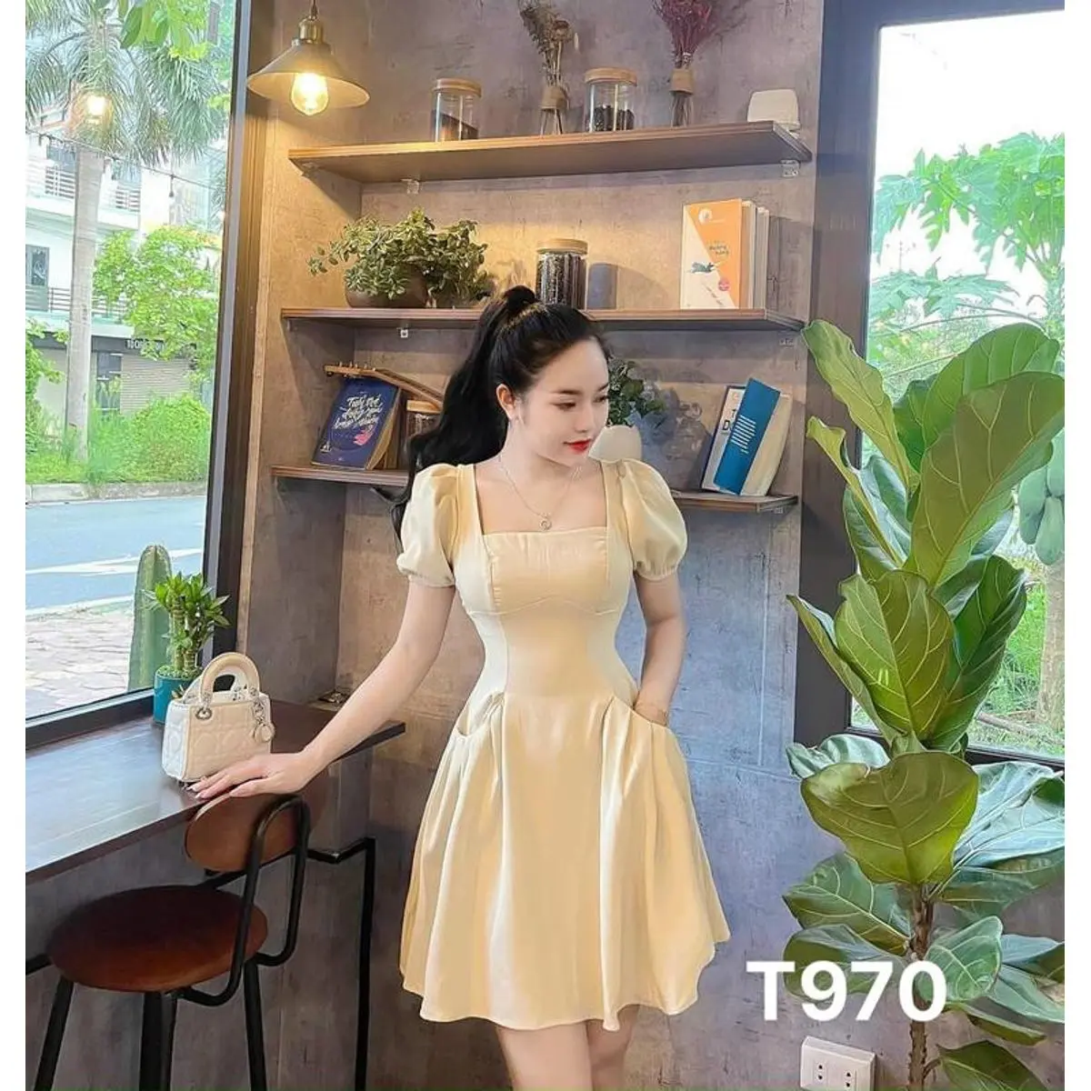Đầm xoè nữ tay phồng cổ vuông có mút dự tiệc dạo phố xếp ly vải for T970 MKM