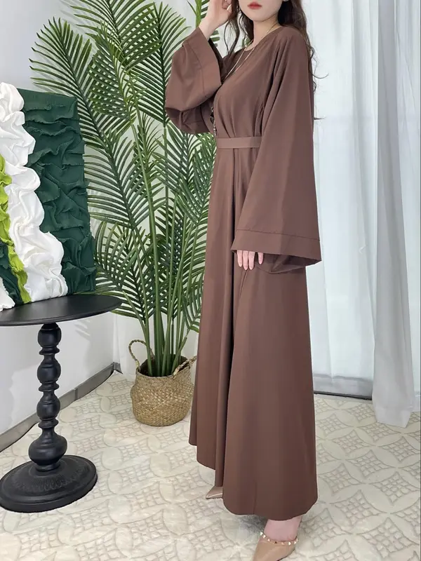 Women's Plain Belted Flounce Sleeve Dress without Necklace, Casual Long Sleeve Round Neck Long Dress for Daily Wear, Ladies Clothes for All Seasons, Classy Modest Dresses 2