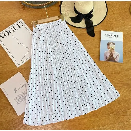 ROK PLISKET MOTIF POLKADOT 7/8 PREMIUM Bawahan Muslimah Rok Plisket Panjang Motif Wanita Terbaru | MOKAT STORE 6