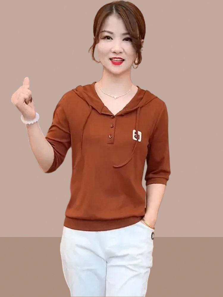 Product Introduction of Áo Thun Dài Tay Có Mũ Trùm Đầu, Mỏng, Trang Phục Đầu Thu Của Mẹ, Phong Cách Đi Chơi Chống Lão Hóa, Áo Thời Trang Phong Cách Phương Tây 16