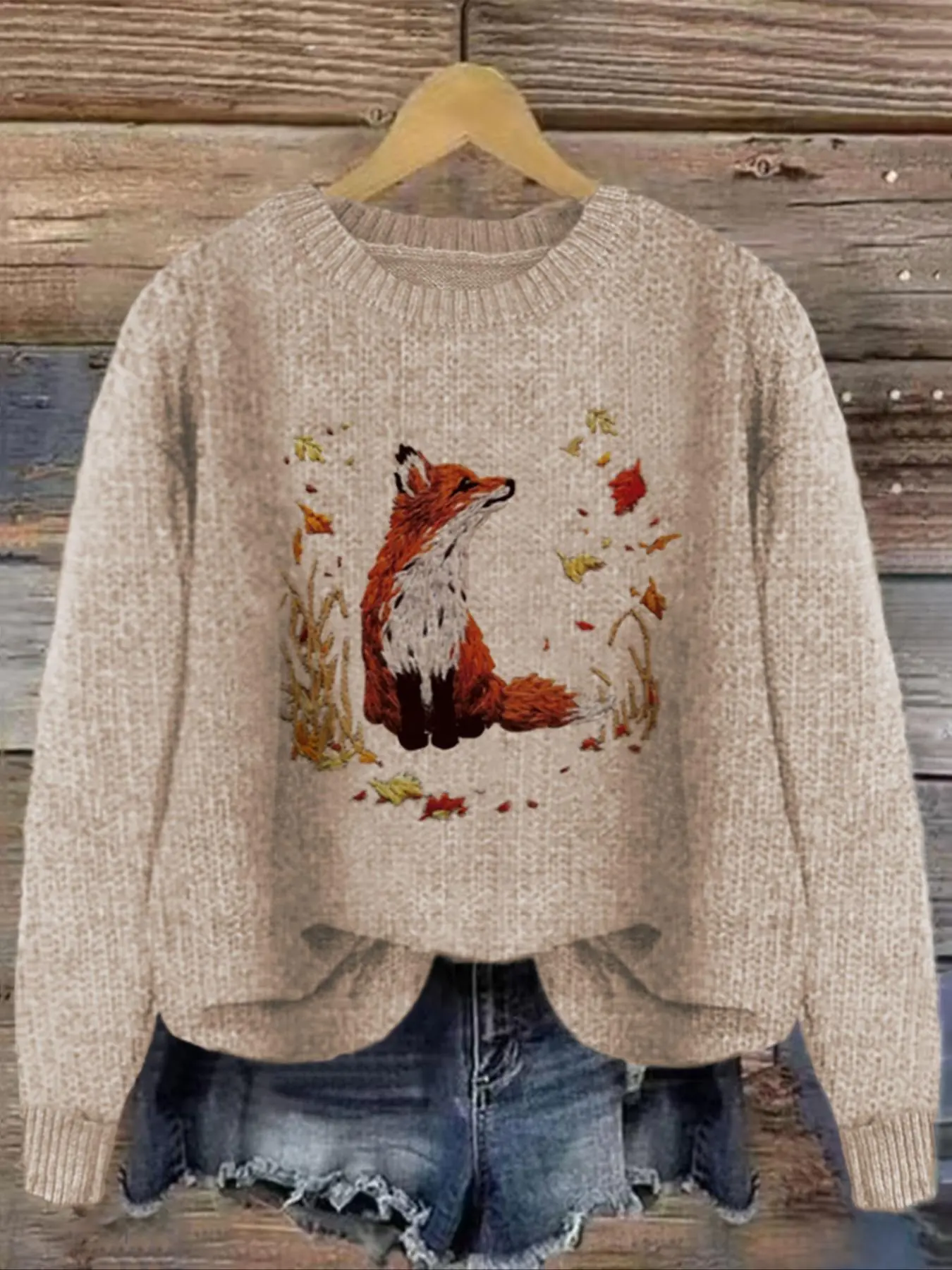 Women's Fox & Leaf Print Drop Shoulder Sweater, Casual Long Sleeve Round Neck Jumper for Fall & Winter, Fashion Ladies' Knitwear for Daily Wear, Posh Clothes Women, Mam Jumper
