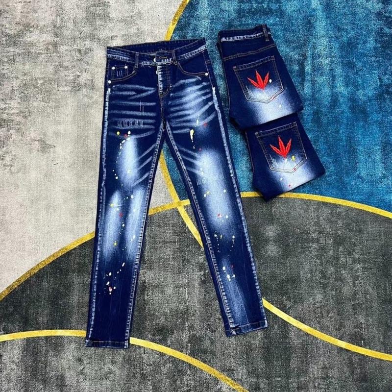 Boy Phố Xanh Quần Jean Nam Thêu Lá Đỏ 5 Cánh Có Túi Cotton Chất Vải Bò Có Giãn Dày Dặn Mẫu Mới HotTrend Quần Dsq Xanh Trơn Pants Menswear Quan Nam Quan D2