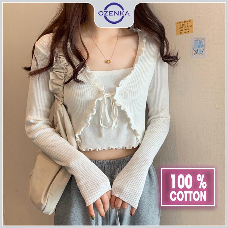 Áo kiểu giả cardigan croptop tay dài nữ OZENKA , áo khoác crt ôm body len gân cotton thân 2 lớp màu đen trắng bánh bèo Dệt