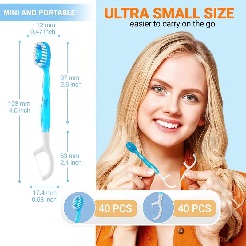 Disposable Mini Travel Toothbrush, 40pcs 5 in 1 Pre-pasted Toothbrush & Floss & Pick & Tongue Scraper, Portable Individual Pack for Travel, Breath Freshener Bead with Ice Flavor, No Water Or Rinsing, Floss Glide Easily, for Adult, Mouth Hygiene Kit 1