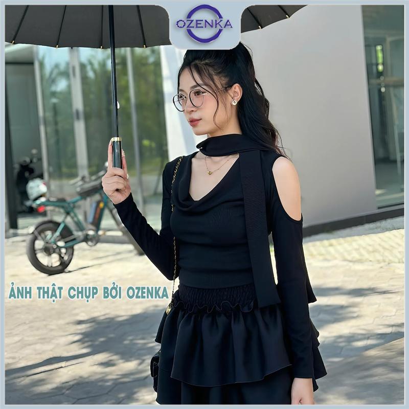 Áo croptop cổ đổ hở vai dài tay ôm nữ ozenka , áo thu đông cool ngầu sang chảnh màu đen vải tăm mịn mặc đi chơi Jean Voi Women Shirt Voan Sơ Mi Voan Sơ Mi
