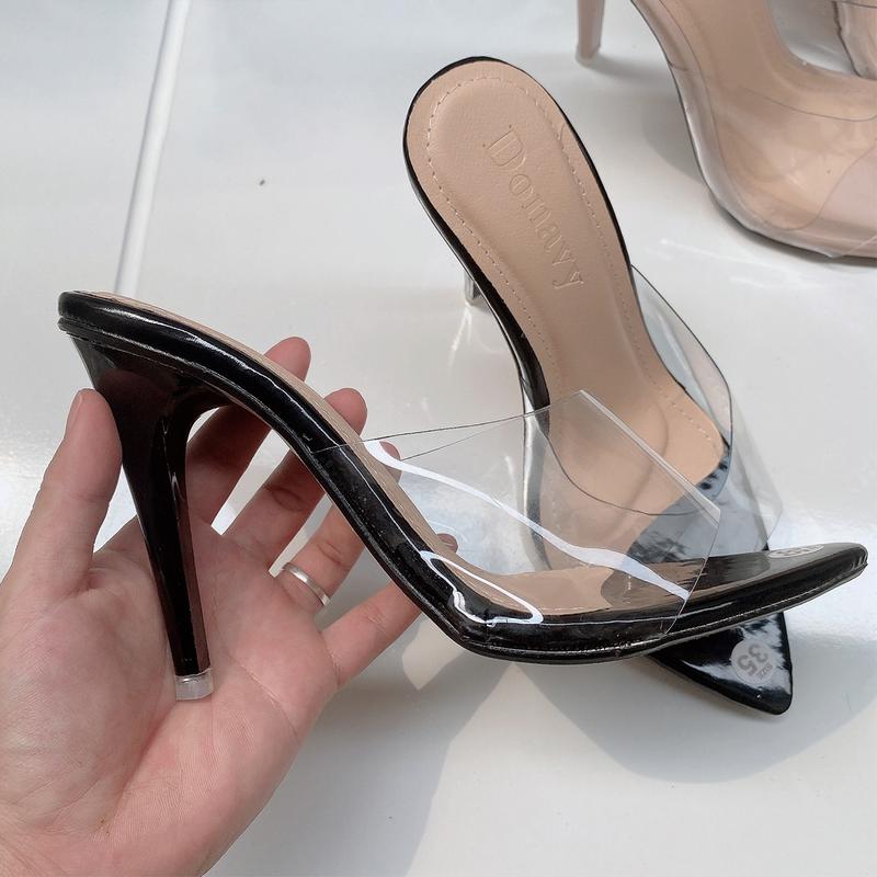 Product Introduction of Mã 21 - Giày/Dép/Guốc nữ cao gót, mũi nhọn, quai trong, quai ngang mika trong suốt, đế nhọn 9cm DéP Shoes hậu  nơ 8