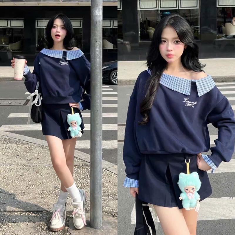 Set Áo Sweater Tím Than Nỉ 2 Da Lệch Vai Phối Kẻ Thêu Ngực Mix Chân Váy Xếp Ly Dạ Tex Hack Tuổi (Ảnh Thật Trải Sàn)