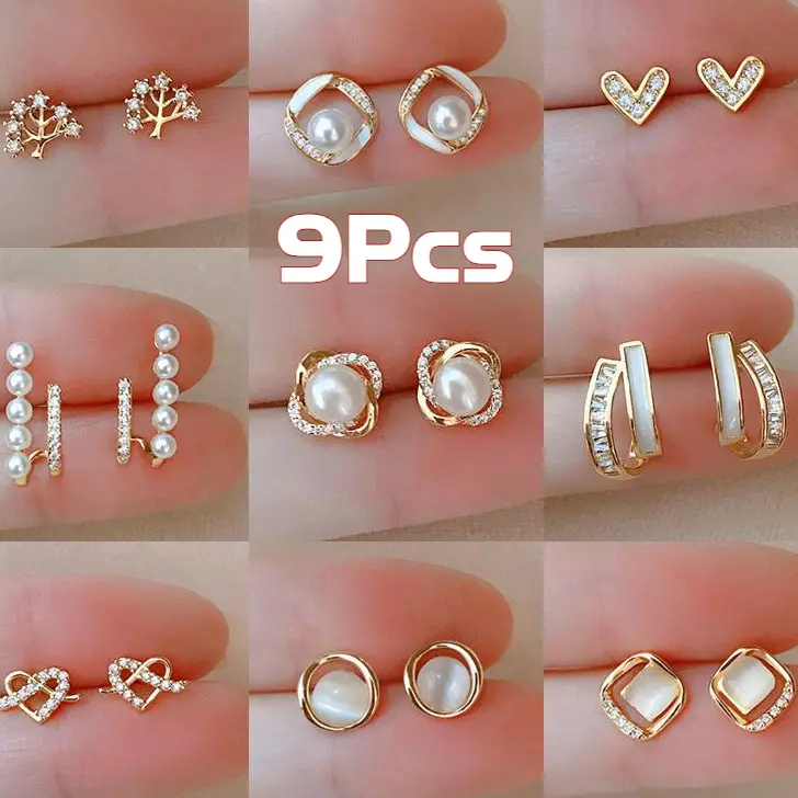 9Pcs S925 Silver Needle ExquisiteAnd Small lll Earrings With High-qualityEarrings Female Fashionable Korean Style Elegant Earrings And Accessories