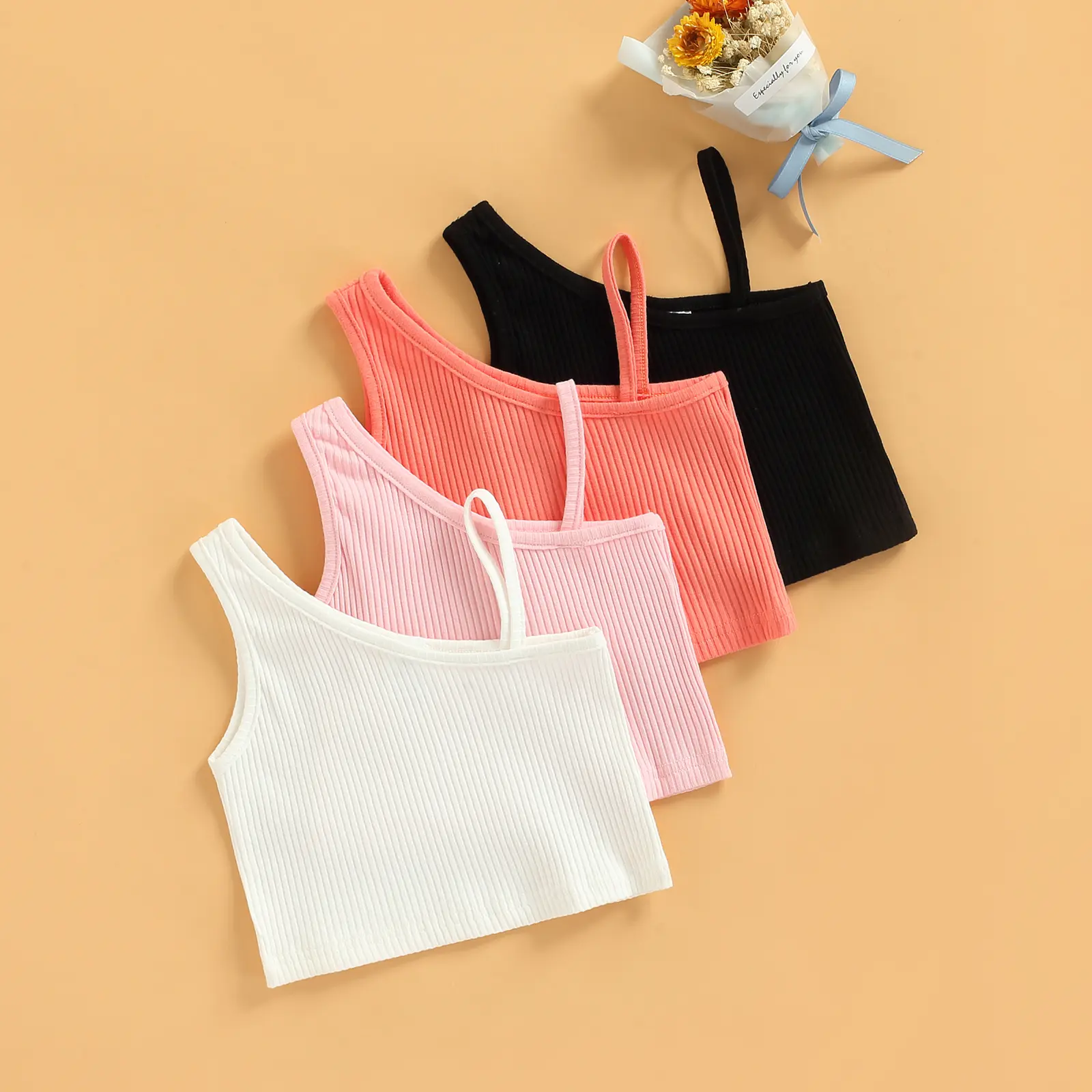 Rompi Gadis Kecil, Bernafas, Gaya Manis, Warna Pepejal, Bahu Serong, Tanpa Lengan, Baju Atasan Pendek, Pakaian Kasual, untuk Kanak-kanak Kecil