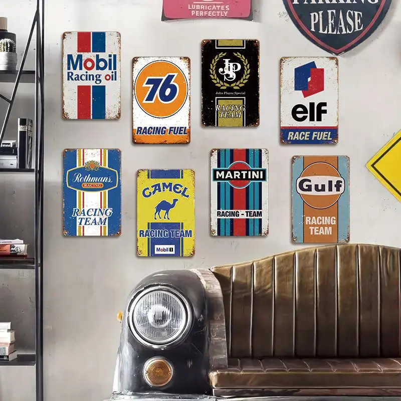 Racing Team & Motor Oil Style Metal Tin Signs Set, 8 Counts/set Wall Hanging Art Decor Plaque, Indoor Outdoor Decoration for Home Room Garage Auto Repair Shop, Signage, Home Business Decor, Multicolor 4