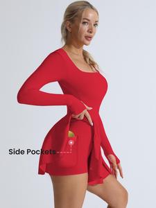 Vestido deportivo 2 en 1 sólido para mujer, sin espalda y con diseño cruzado, manga larga y escote cuadrado, ideal para tenis, ropa deportiva para damas para uso interior y exterior