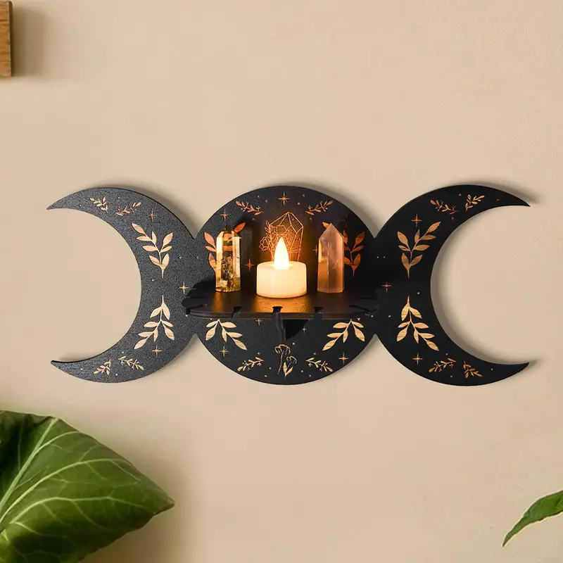 Moon Design Wall Rack for Room Decor, 1 Count Creative Home Decor Wooden Shelf for Ornaments Display, Wall Mounted Storage Rack, Hanging Wall Decor 8