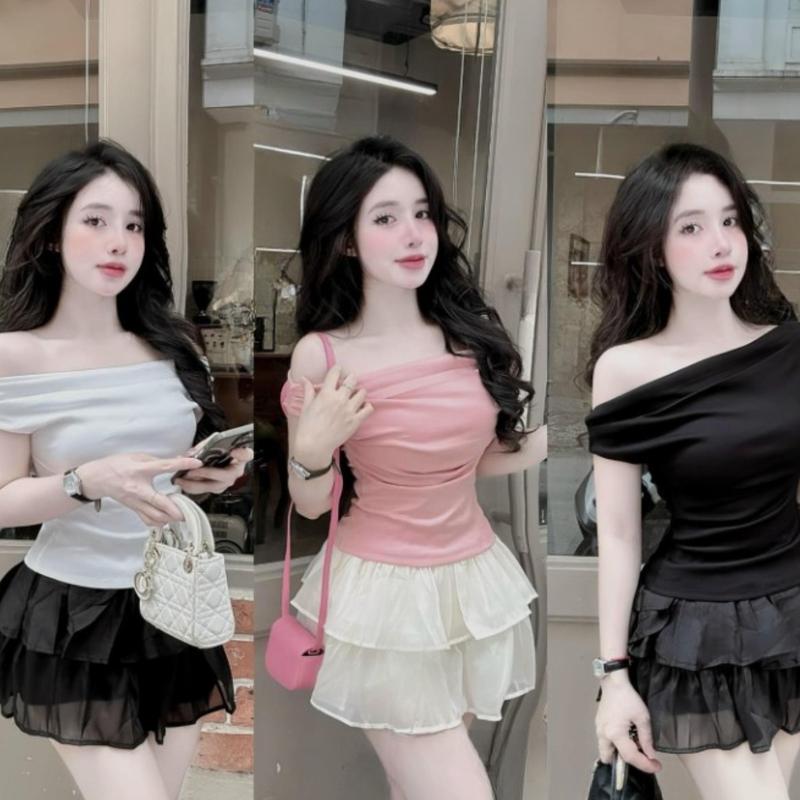 Set váy nữ tăm lạnh thiết kế áo tay ngắn trễ vai mix chân váy ren tầng [có lót] dáng xòe sang chảnh dành cho các nàng diện di chơi,đi tiệc.  Women
