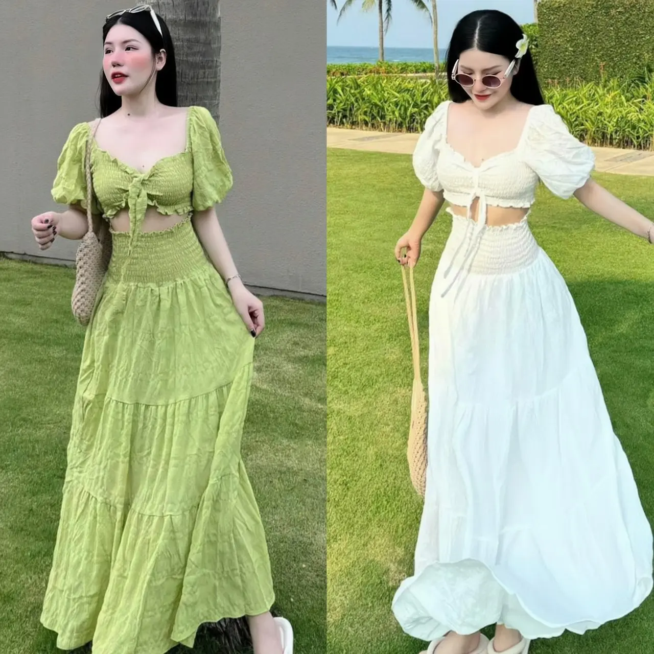 Set Đồ Nữ Đi Biển Áo Tay Búp Cổ Vuông Mặc 2 Kiểu Kèm Chân Váy Maxi Xếp Tầng Điệu Đà Xinh Xắn Dành Cho Các Nàng Diện Đi Biển Vào Dịp Hè Màu Trắng Kem Voi Nhung