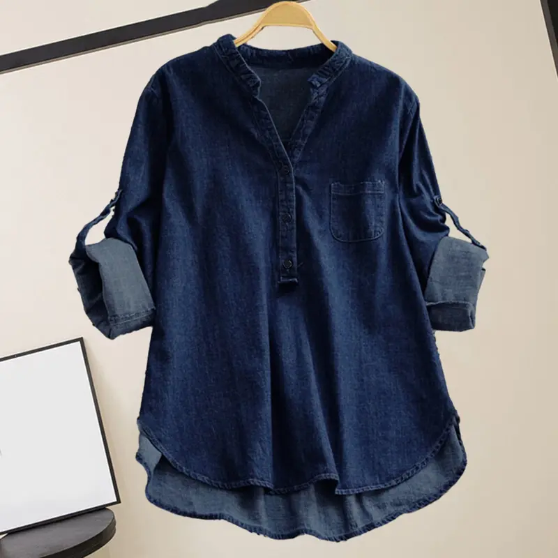 Gonpiny-Áo Sơ Mi Denim Màu Trơn Cho Nữ, Cổ Đứng Nhỏ, Nút Cổ Chữ V, Đường Viền Cổ Áo, Dài Tay, Dáng Rộng, Vừa Vặn, Áo, Thời Trang Dạo Phố 3