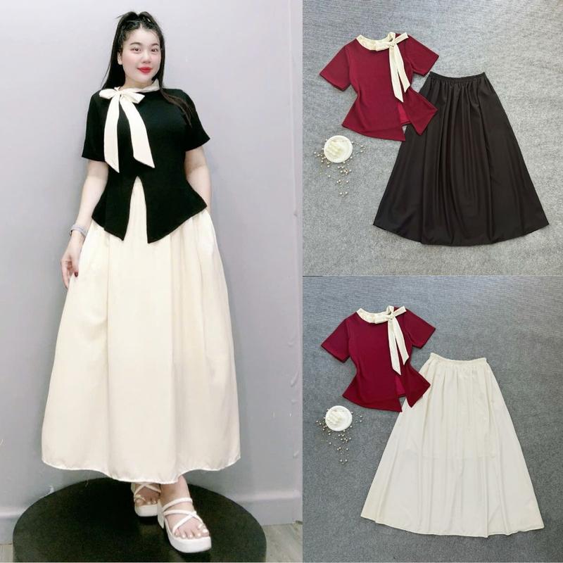 Set Bộ Đồ Tiểu Thư Bigsize Nữ Áo Tay Ngắn CÓ ÁO LẺ Cổ Nơ Sang Chảnh Tà Xẻ Phối Chân Váy Lưng Cao Xòe Vải Lụa Mềm Mịn - SET848 set đồ đẹp Women Kem Shirt Top
