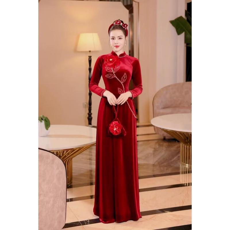 Product Introduction of Áo dài nhung truyền thống kết hoa leo thủ công - Áo Dài Hương Giang Nữ - tà dài 140cm, dày dặn, co dãn tốt Women 6
