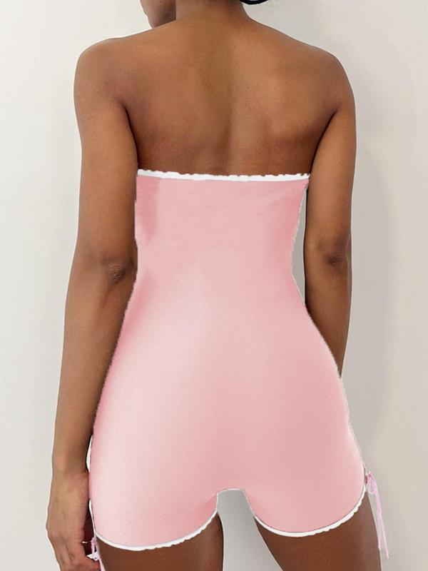 Women's Sexy Contrast Binding Bow Decor Tube Romper, Summer Clothes for Women, Stretchy Strapless One-piece Romper for Summer, Women's Clothes for Holiday Beach Valentine's Day, gift, Womenswear 4