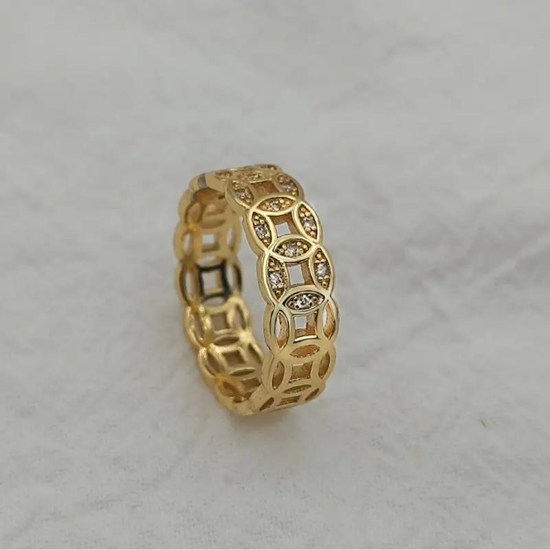 Hollow Wide Copper Coin Ring for Woman Man Chinese Style Stainless Steel Ancient Gold Coin Ring Finger Jewelry Birthday Gift