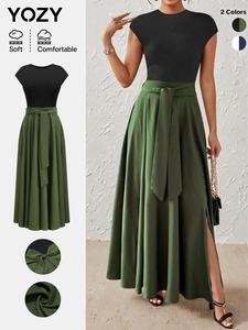 YOZY Women's Colorblock Belted Split Thigh A Line Dress, Elegant Fashion Casual Batwing Sleeve Round Neck Dress for Daily Outdoor Wear, Ladies Clothes for All Seasons