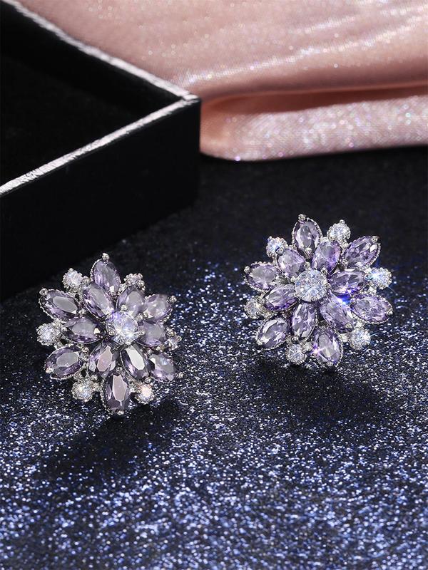 1 Pair Artificial Gemstone Decor Hollow out Flower Design Stud Earrings, Elegant Matching Jewelry for Party, Trendy Daily Clothing Decor for Girl 7