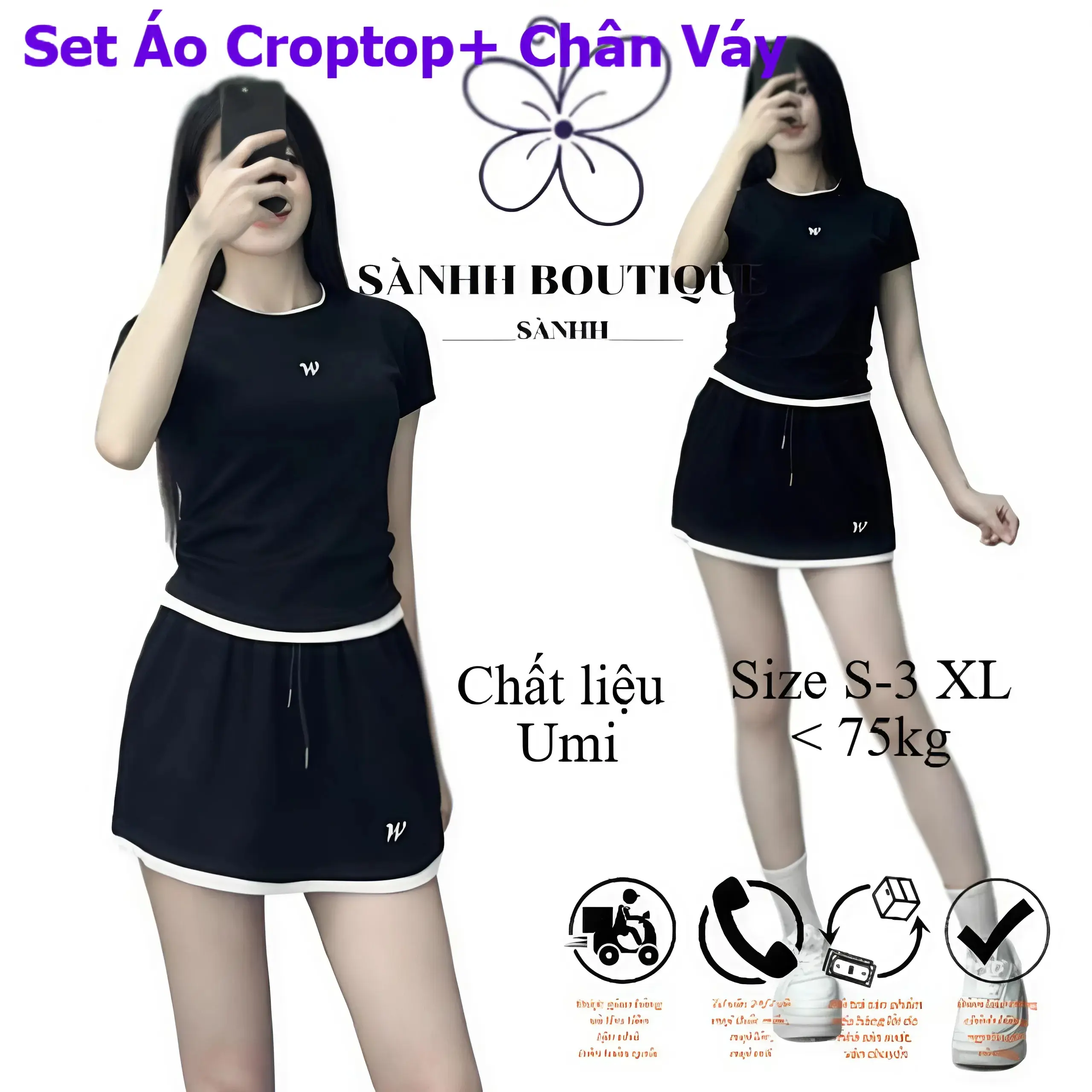 Set Áo Croptop Chân Váy Cạp Chun- Rút Dây- Nhún Eo- Dáng A- Phối Viền Trắng- Chất Umi Cao Cấp! Mã 290