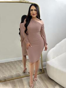 Vestido ajustado de cuello asimétrico fruncido para mujer, elegante vestido de manga larga hasta la rodilla para fiestas y citas, ropa de damas para todas las estaciones