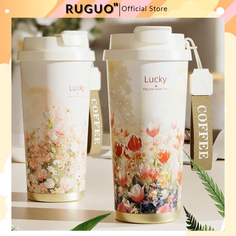 Ly Giữ Nhiệt Inox 316 Tráng Sứ Hoa TULIP, BEGONIA 500ml Sang Trọng Tặng Kèm Ống Hút