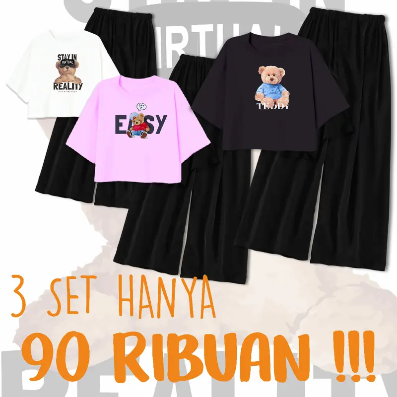 Paket 3 Pcs Setelan Remaja Perempuan Usia 9-14 Tahun size L dan XL Set Celana Panjang Fashion 1