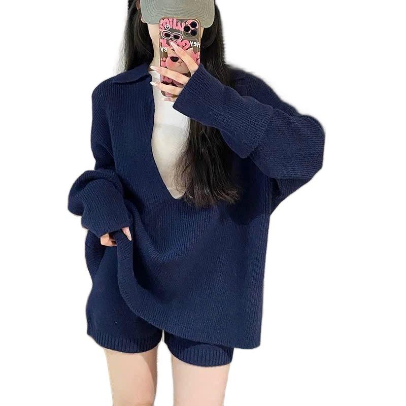 Set Bộ Đồ Nữ 3 Món Len Dài Tay Form To Thụng Phối Cổ Bẻ Khoét Sâu Giot Nước Kèm Áo Quây Trong Mix Quần Sooc Freesize