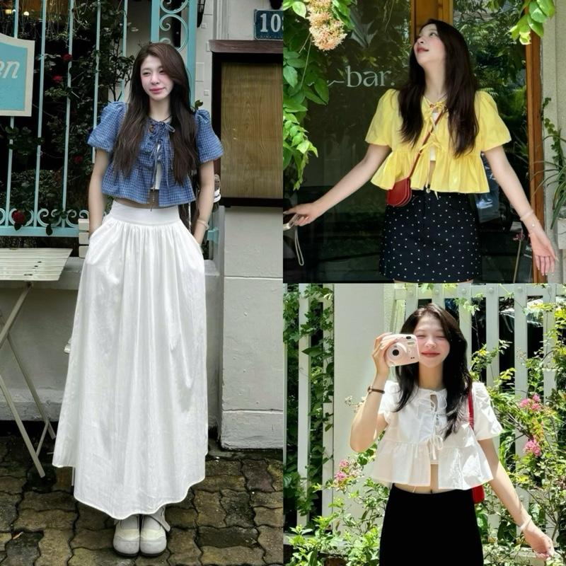 (TẶNG KÈM ÁO QUÂY) Áo babydoll dáng ngắn croptop tay phồng thắt nơ