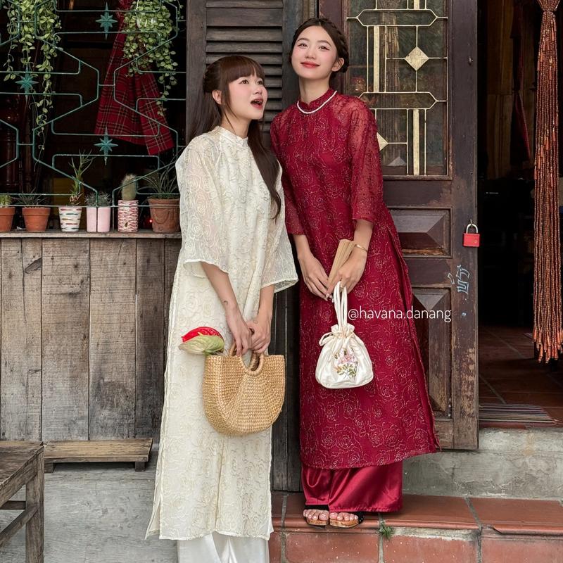 Áo dài voan tơ BỘI SAM thêu vân hoạ tiết hoa hồng kèm quần dài phi bóng HAVANA AD113