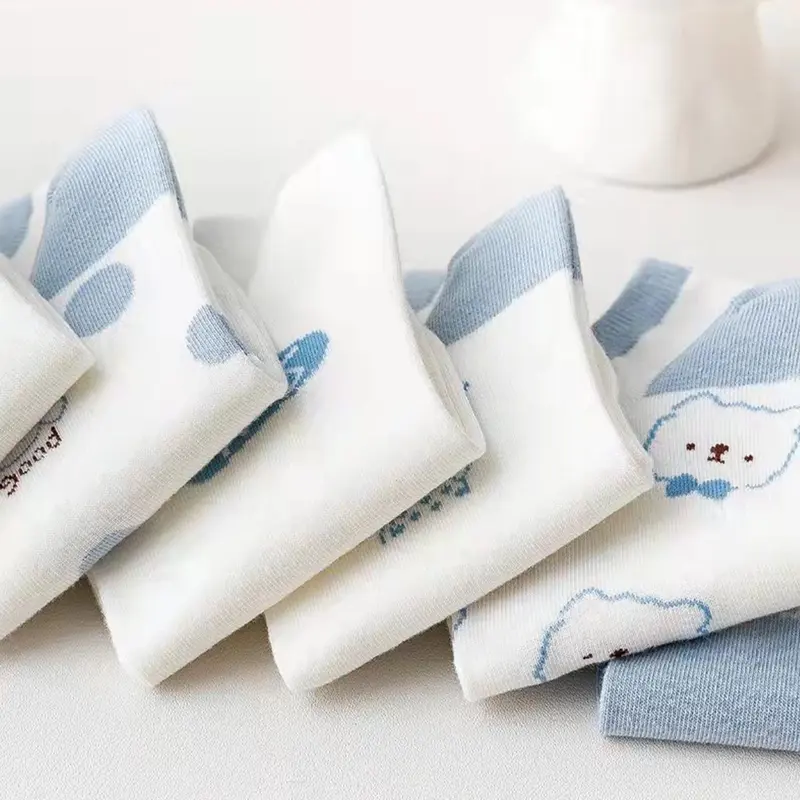 BISA COD K5703 Kaos Kaki Pendek Gaya Korea / Kaos Kaki Wanita Motif Beruang Biru Muda / Kaos Kaki Semata Kaki Beruang Biru Panjang Ankle Garis 4