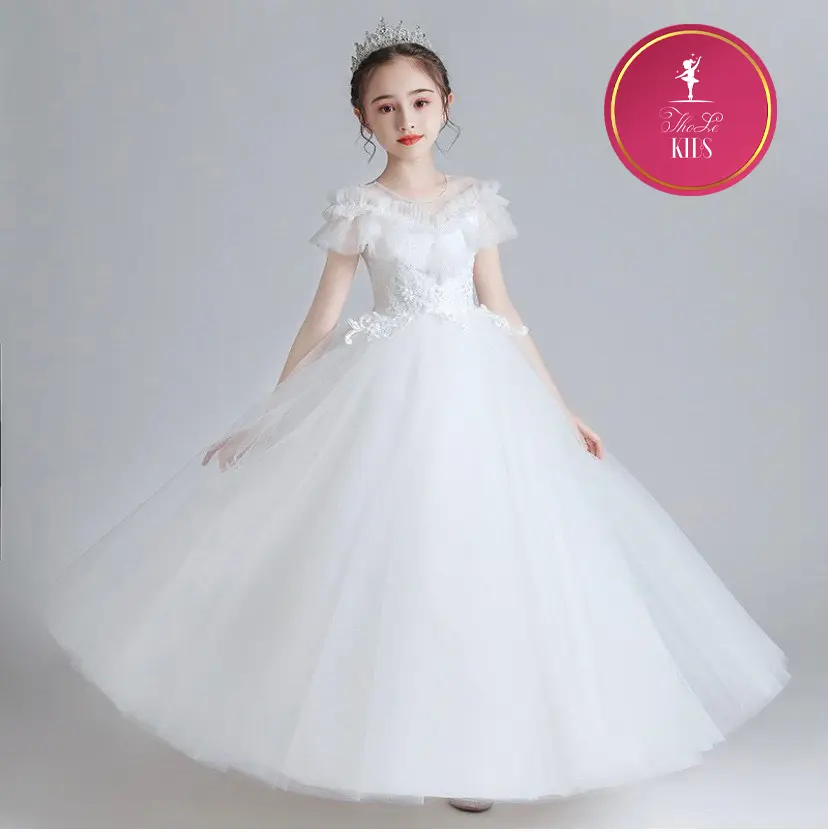 Đầm Công Chúa Dự Tiệc Cho Bé Gái Xếp Ly Cổ Trắng Hồng ThoLeKids - CC159