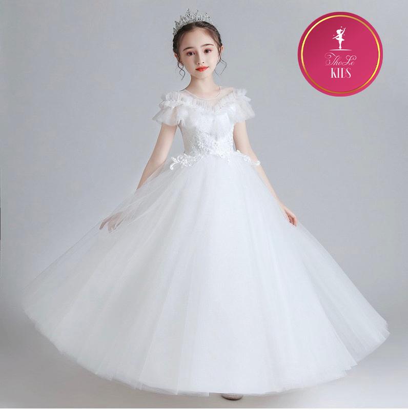  Đầm Công Chúa Dự Tiệc Cho Bé Gái Xếp Ly Cổ Trắng Hồng ThoLeKids - CC159 