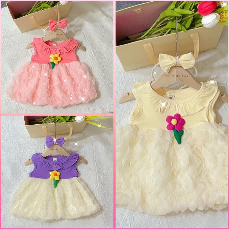 Váy hoa chân sóng dáng bí 3 màu cho bé gái 4-12 kg mặc đầy tháng thôi nôi