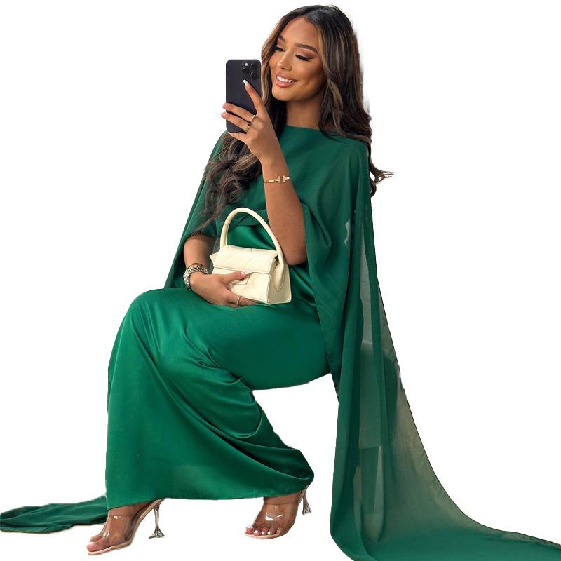 Product Introduction of Muslim women's round neck, loose and large hem Middle Eastern robe chiffon dress 8