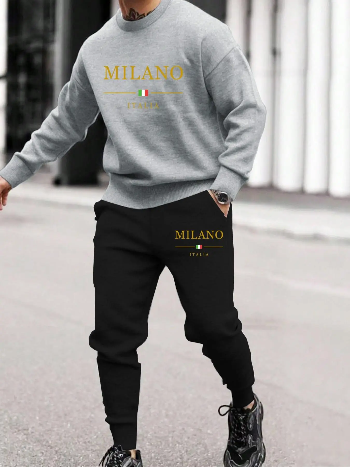 Men's Letter Print Sweatshirt & Pocket Sweatpants Two-piece Set, Casual Round Neck Long Sleeve Pullover & Jogger Pants for Fall & Winter, Men's Two-piece Outfits for Daily Wear Mens Paris Tracksuit