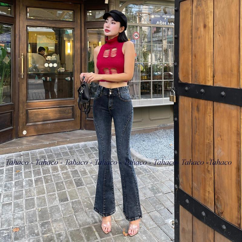 Quần Jean nữ ống loe màu xám đen cao cấp